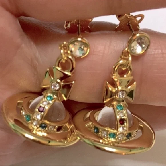 18k gold Plated crystal signature Saturn Orb drop earrings - Picture 4 of 8